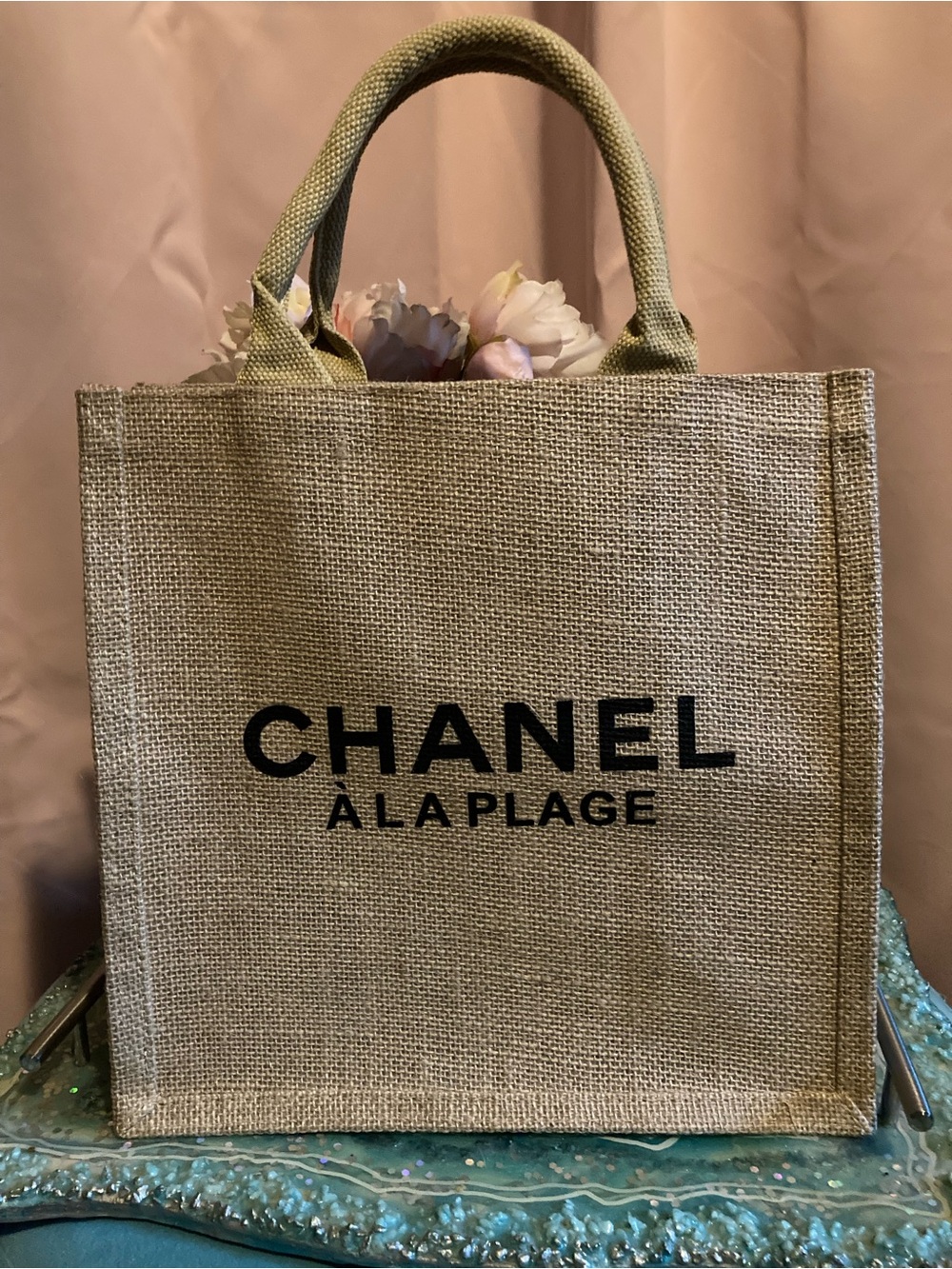 CHANEL Natural Jute Tote with Black Logo